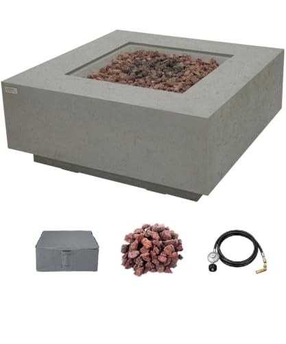 Image of AMS Creations | Brooklyn 40 inch Square Propane Gas Outdoor Fire Pit Table | Light Gray Concrete GFRC | Limestone Texture Surface Fire Pit Table