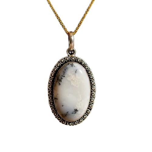 Collier opale dendritique blanche ovale LKBEADS avec chaîne forçat 45 cm pour homme et femme