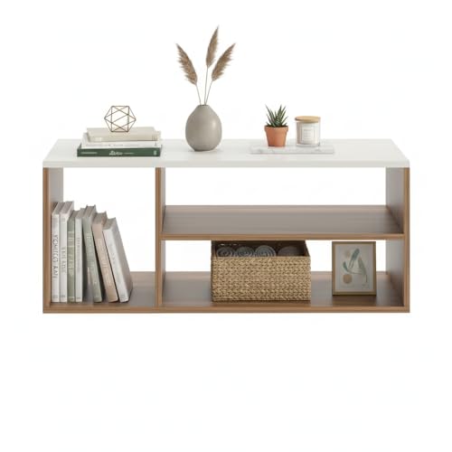 Image of FURNEASER Medina Modern Engineered Wood Coffee Table with Open Storage Shelves | Wooden Center Table for Living Room, Sofa Area & Lounge | Multipurpose Tea Table with Storage (Exotic Teak & White)