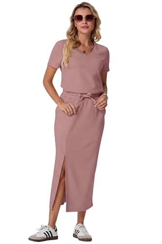 Image of GRECERELLE Women Summer Casual 2 Piece Sets V-Neck Wrinkle-Free Top & Elastic Waist Midi Side Slit Skirt with Pockets