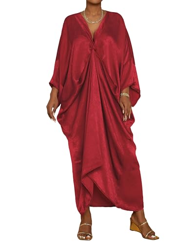 Bsubseach Kaftan Dresses for Women Satin V-Neck Caftans Coverups Long Dress Plus Size Beach Cover Up Red