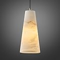 Natural Alabaster Pendant Lights Kitchen Island, H-10in White Pendant Light Fixtures, Light Pendan Marble Conical Shade Copper, for Bedroom Bathroom Dining Room Living Room (Dimmable Bulbs INCL)