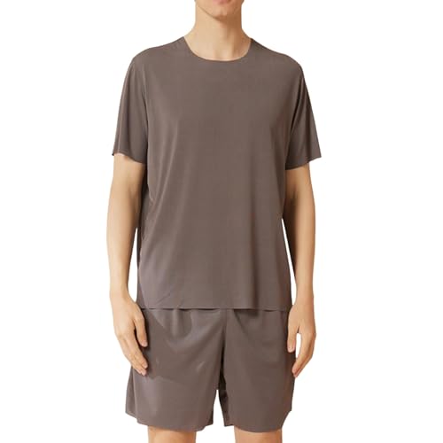 Summer 2 Piece T Shirt Outfits for Men Lightweight Sleep Lounge Tee and Shorts Set Solid Color Matching Loungwear