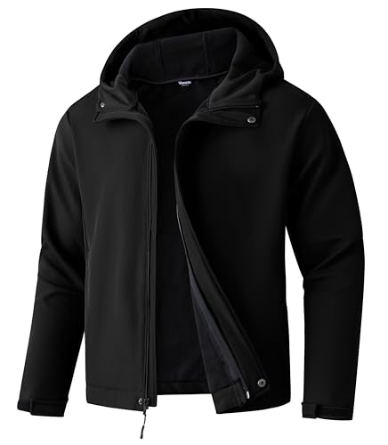wantdo Men's Big and Tall Softshell Jacket Fleece Lined Winter Coat Hooded Waterproof Windbreaker Jacket Black 5XB