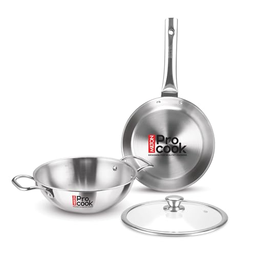 Induction Cookware & Gas Stove Friendly Triply Stainless Steel 3 Pcs Cookware Set | Fry Pan 24cm | Kadai with Glass Lid 24cm | Even & Fast Cooking | 3