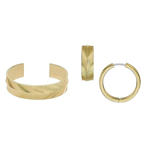 Fossil Damen Manschettenarmband und Ohrringe Harlow Linear Texture, goldfarbener Edelstahl