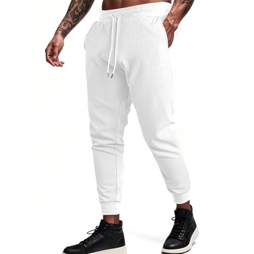 Sweatpants for Men Textured Waffle Knit Pants Casual Joggers Elastic Waist Drawstring Tapered Sweatpants with Pockets