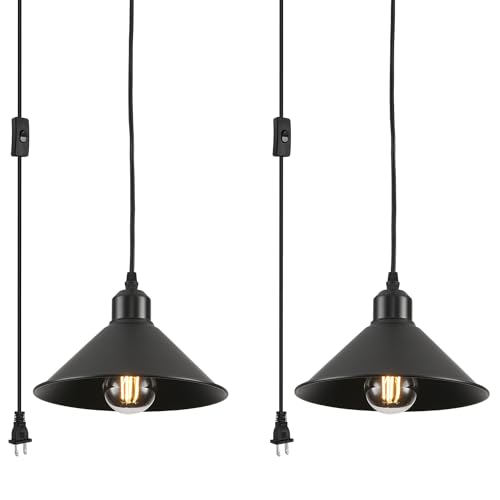 AOJUNSANSAN Black Plug in Pendant Light 2 Pack Industrial Hanging Lamp Black Vintage Pendant Lighting Fixtures with 15ft Cord On/Off Switch for Kitchen Island Dinning Hall Bedroom