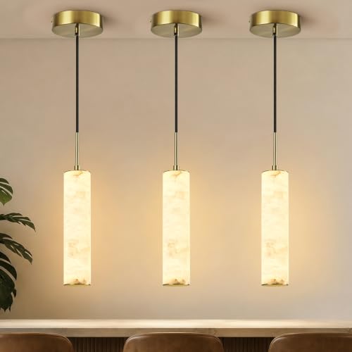 Image of Gold Natural Alabaster Long Tube Kitchen Island Pendant Lights,3000k