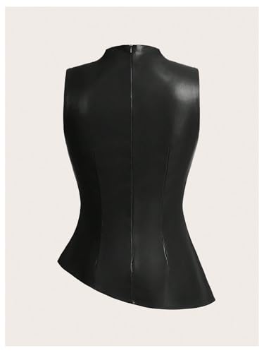 SHENHE Women's Mock Neck PU Leather Pleated Asymmetrical Sleeveless Fitted Dressy Tank Top2