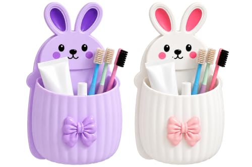 Image of Cute Rabbit Wall Mounted Toothbrush Holder | Self Adhesive Bathroom Organizer for Toothbrush, Toothpaste, Comb & Makeup Brushes | Bathroom Accessories for Kids & Home (Purple White Rabbit)