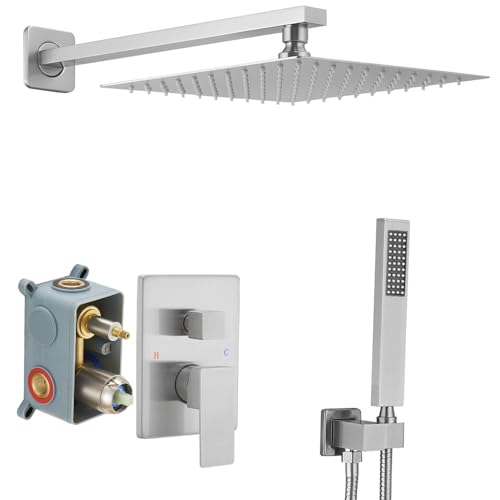JingGang Brushed Nickel Shower System 10 Inch Bathroom Luxury Rain Mixer Shower Combo Set Wall...