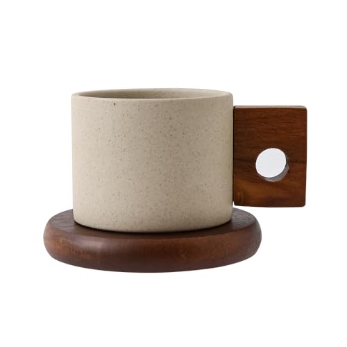 Tvvtuww Ceramic Coffee Cup Mug and Acacia Wooden Saucer Set, 8 oz Ceramic Cup for Espresso Latte Cappuccino Tea, Wooden Handle Mug Set Unglazed Porcelain Arty Mug (Natural Earthiness Finish)