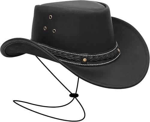 BRANDSLOCK Cowboy Hat Women Men Real Leather Western Style Wide Brim Cowgirl Hat Shapeable Lightweight Handcrafted Durable Bush Hat Black