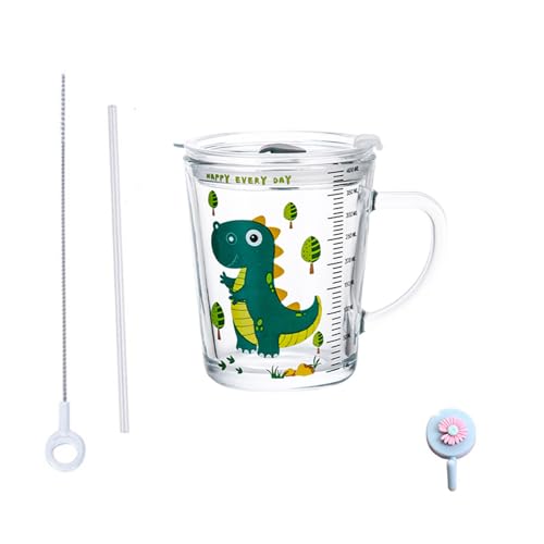 Bicchiere da latte in vetro con misurino, vetro smerigliato con paglia di silicone con coperchio per succo di latte, tè freddo, caffè per microonde, dinosauro verde