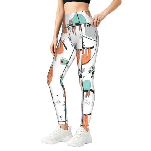 Pantalones de yoga para mujer opacos que no se transparentan con estampado de perezoso marrón