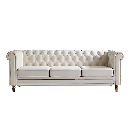 Image of KEIKI 85 inch Chesterfield Velvet Tufted Button Sofa with Deep Seat Cushions and Rolled Arms, Modern Style 3-Seater Couch Decorated with Gold Strip, Easy Assembly, for Living Room, Bedroom, Office, Beige