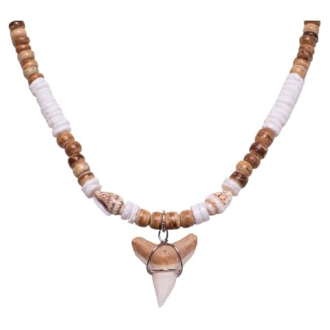 BlueRica Shark Tooth on Tiger Brown Coconut & Puka Shell Beads Necklace (18" 3L) Cover
