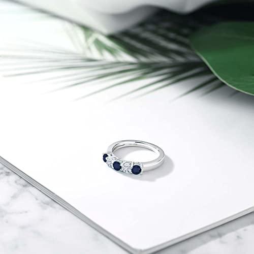 Gem Stone King 925 Sterling Silver Blue Sapphire and White Moissanite Wedding Band Ring For Women (1.07 Cttw, Round 3.5MM, Gemstone Birthstone, Available In Size 5, 6, 7, 8, 9)4
