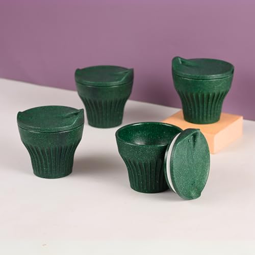 Image of Eha Earth Friendly Rafter Coffee Mug with Lid | Tea Cup Set | 175 ml | Made with Rice Husk | Microwave Safe Mugs for Gifting | 4 Unit | Fern