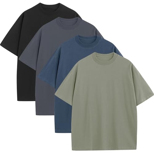 4 Pack Men's Oversized T-Shirts Heavyweight Cotton Tee Crew Neck