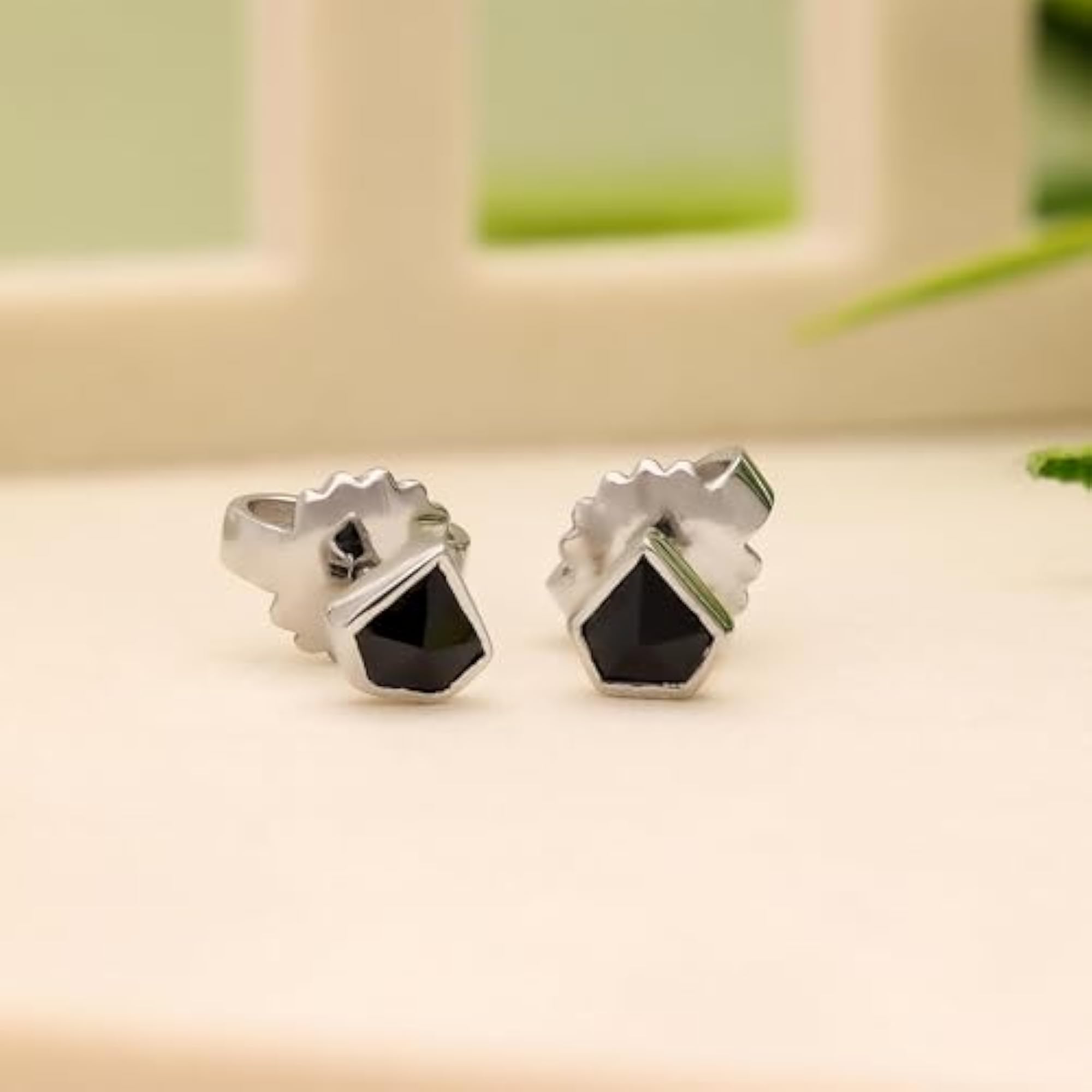 Women's 925 Sterling Silver Black Onyx CZ Geometric Stud Earrings