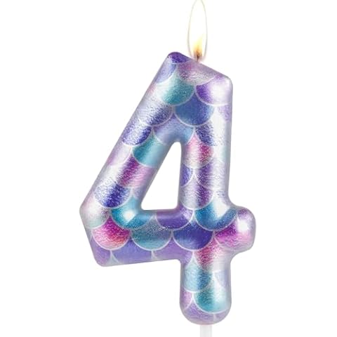 Zi Lan Purple Birthday Candle for Girls, Colorful Metallic Birthday Number 4 Candles, Pink Happy 4th Birthday Cake Candle, Fish Scale Birthday Cake Topper for Girls Boys Birthday Party Supplies Cover