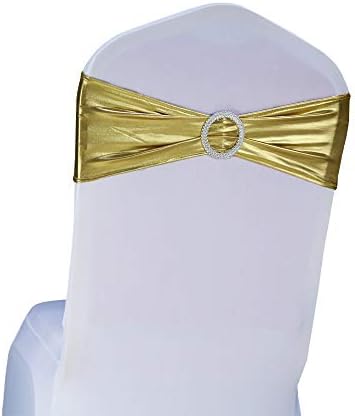 SINSSOWL 100PCS Stretch Wedding Chair Bands with Buckle Lycra Slider Sashes Bow Decorations 25 Colors (Bronzing Gold) …