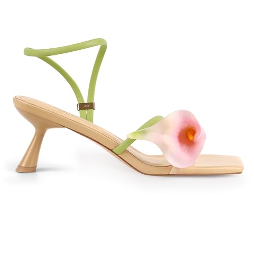 Flower Kitten Heels for Women Calla Lily Square Open Toe Floral Strappy Low Kitty Heeled Sandals Dressy Wedding Shoes2