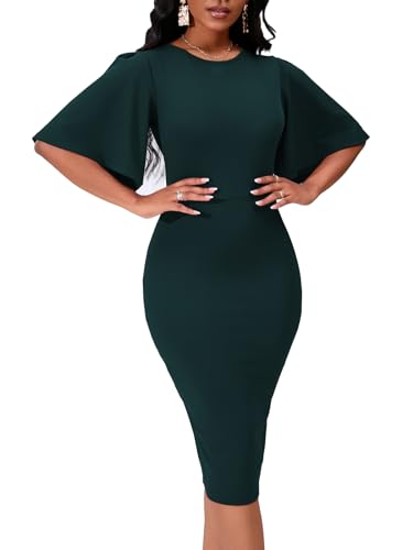 Image of WanMem Womens Basic Bodycon Ruffle Flared Short Sleeve Pencil Midi Dress