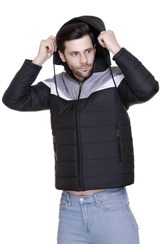 Image of Men's Navy Blue and Grey Hooded Puffer Jacket, Quilted, Zip Front