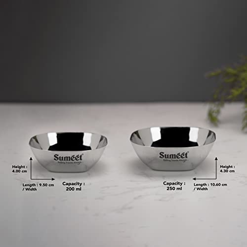 Image of Sumeet Heavy Gauge Stainless Steel Apple Square Bowl /Wati /Katori with Mirror Finish, Combo set of 12pc, 9.5cm & 10.6cm Dia, 200ML & 250ML (Each 6Pc) - Silver