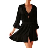 Vhersily Damen-Bademantel Kimono lang und leicht mit asymmetrischem Gürtel weich im Griff zum...