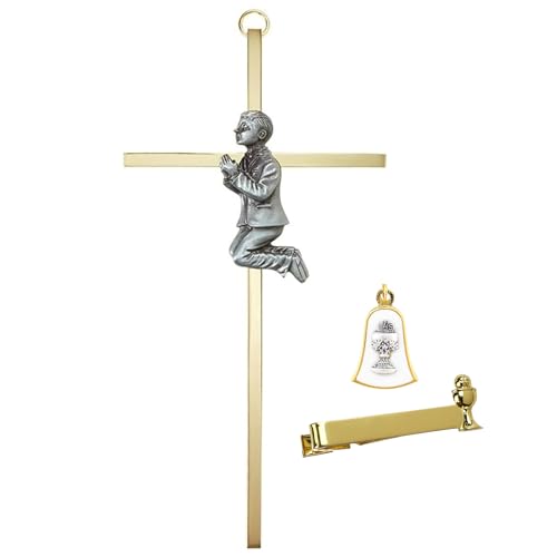 needzo first communion gift set for boys - gold plated tie clip ihs bell medal and brass wall cross 3 items included
