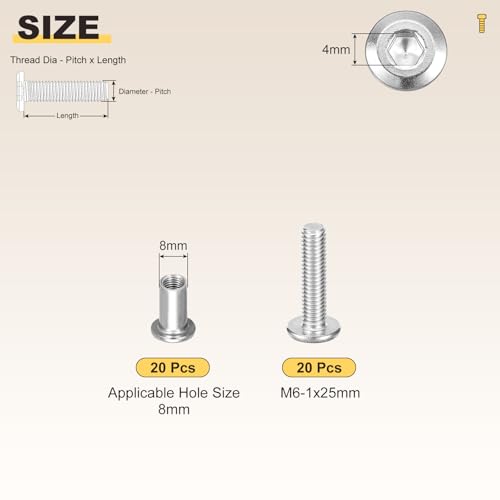 Image of METALLIXITY Crib Screws Replacement Set(M6-1x25mm) 40Pcs, Stainless Steel Connector Bolts M6 Screw Barrel Nuts Binding Screws, for Chair Cabinet Bed, Silver