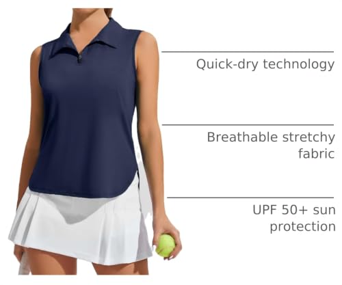 Image of PINSPARK Women Golf Shirts Sleeveless UPF 50+ Tennis Polo V-Neck Quick Dry Athletic T Shirt 1 /4 Zip Collar Workout Tank Top