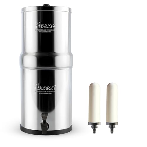 Image of RAMA Gravity Water Filter | 32L Total Capacity (16L Storage) | 304 Grade Stainless Steel Non Electric Water Purifier Filter for Home | Includes 2 Spirit 7 inch Ceramic Candles & 10-Year Warranty