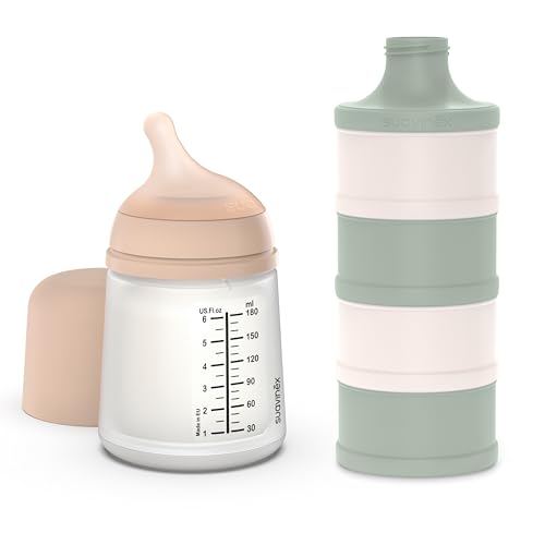 Suavinex, Biberón Anticólico Zero Zero, con Tetina de Flujo Lento (S) de Silicona, para Bebés +0 Meses y Recién Nacidos, 180 ml + Dosificador de Leche en Polvo y Cereales con 4 Compartimentos