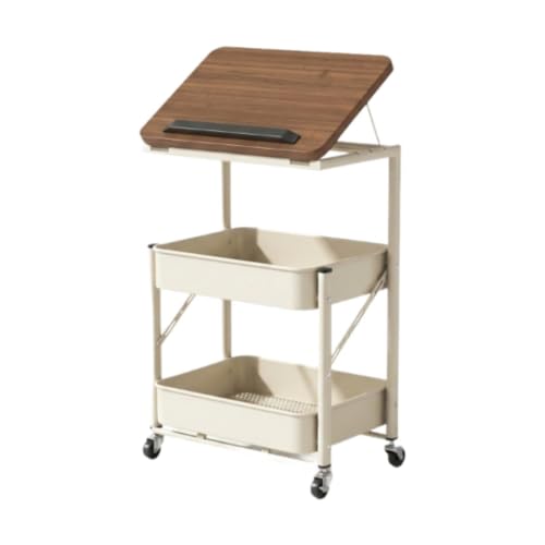 KinderCoring Carro Auxiliar Rodante con Mesa Móvil Reclinable Y Estante Regulable Hecho en Madera Y Acero Uso en Habitaciones Salas de Estar Oficinas, Blanco, Individual