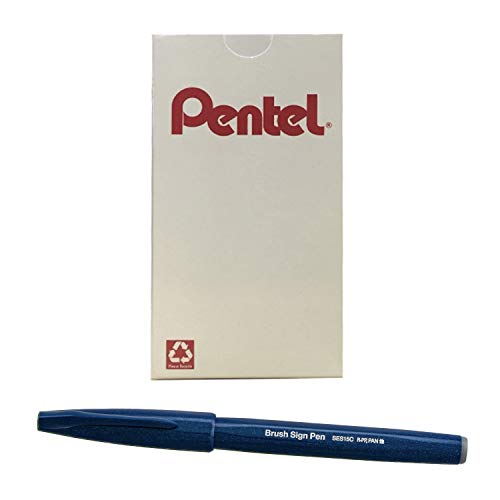Pentel Arts Sign Pen Brush, Blue Black Ink, Box of 12 Pens