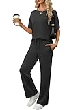 ANRABESS Women's Lounge Sets 2 Piece Outfits 2026 Summer Casual Short Sleeve Sweatsuits Matching Tracksuits Wide Leg Pant Set Black
