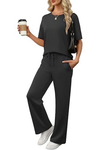 ANRABESS Women's Lounge Sets 2 Piece Outfits Summer Casual Short Sleeve Sweatsuits Matching Tracksuits Wide Leg Pant Set