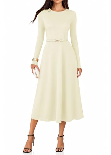 Lazysmile Women's Long Sleeve Midi Dress A Line Wedding Guest Dress Apricot