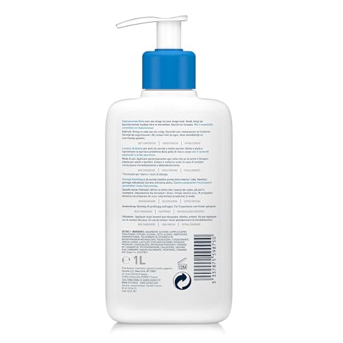 CeraVe Feuchtigkeitslotion für Körper und Gesicht, Lotion für trockene bis sehr trockene Haut, Mit Hyaluron und 3 essenziellen Ceramiden, Auch bei Neurodermitis und für Allergiker, 1 l