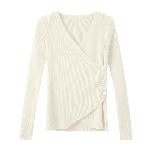 Suéter genérico para mujer, cuello en V, informal, de punto con manga larga, blusa con cuello en V, para mujer, camisa urbana informal ajustada, elegante y elegante para el invierno, amarillo claro