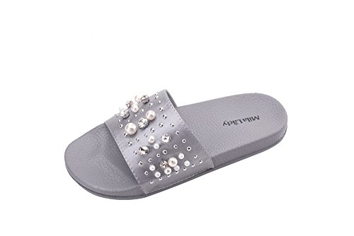 Mila Lady Womens Summer Non-Slip Slides Sandals Slipper for Indoor Outdoor Beach Casual Shoes, Sandy Grey 7