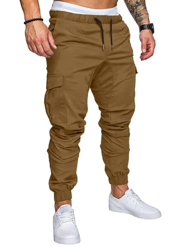 JMIERR Mens Fashion Cargo Pants - Casual Cotton Tapered Stretch Twill Chino Athletic Joggers Sweatpants Workout Trousers Travel Pants with Pockets for Men, US 38(XL), A Brown