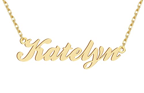 Dancing Wolf 18k Gold Plated Katelyn Name Necklace Stainless Steel Nameplate Necklaces Jewelry for Womens Moms