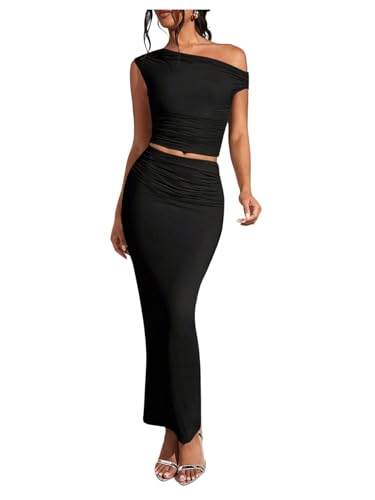 WDIRARA Women's Solid Asymmetrical Neck Two Piece Set One Shoulder