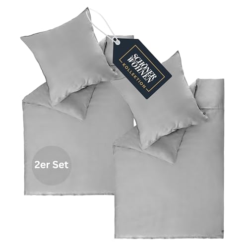 SCHÖNER WOHNEN Satin Bettwäsche 135x200 Baumwolle Grau - Luxus Bettwäsche-Sets 4teilig - weich & atmungsaktiv - bestehend aus 2 Bettwäschebezüge und 2 Kopfkissenbezüge 80x80cm - Öko-Tex